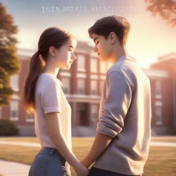 A romantic high school novel cover featuring two teenagers standing close together, holding hands, with a school building in the background