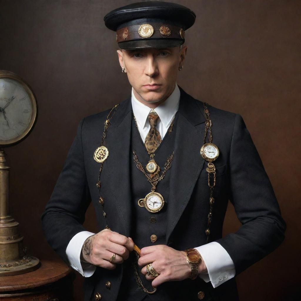 The rapper Eminem reimagined in steampunk attire, donning Victorian-era clothing, a monocle, brass accents and gear-infused accessories, all while maintaining his signature attitude and microphone in hand.