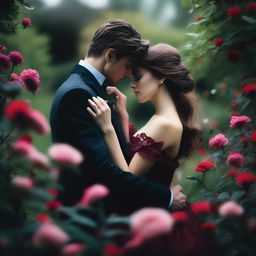 A moody and romantic scene featuring two lovers sharing a forbidden moment in a flower-filled garden