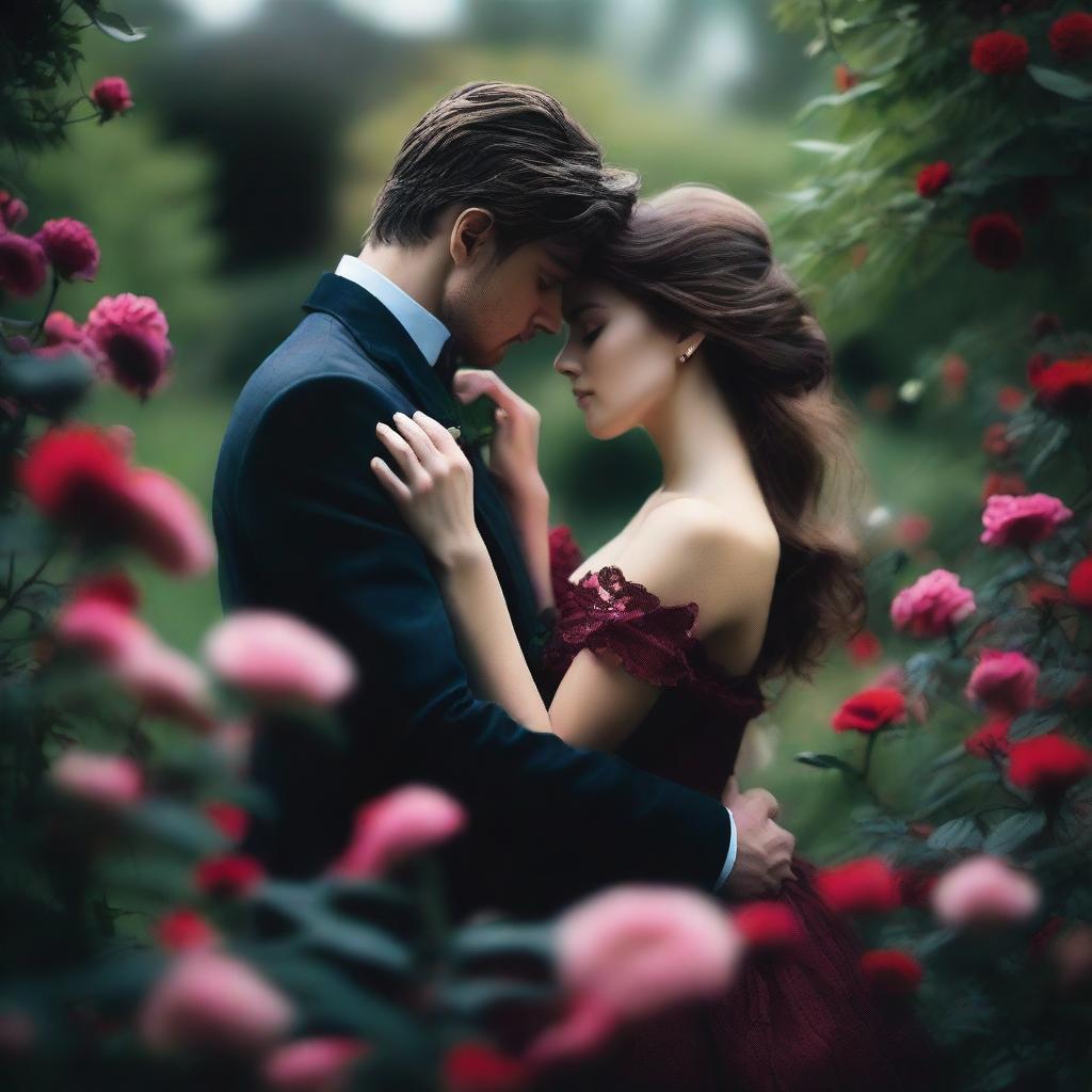 A moody and romantic scene featuring two lovers sharing a forbidden moment in a flower-filled garden