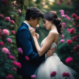 A moody and romantic scene featuring two lovers sharing a forbidden moment in a flower-filled garden