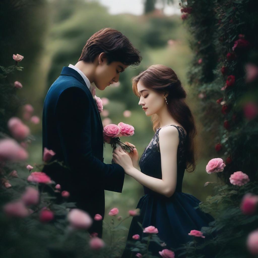 A moody and romantic scene featuring two lovers sharing a forbidden moment in a flower-filled garden