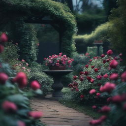 A moody and romantic scene in a flower-filled garden without any people