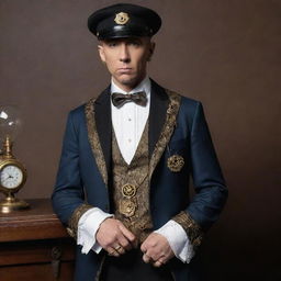 The rapper Eminem reimagined in steampunk attire, donning Victorian-era clothing, a monocle, brass accents and gear-infused accessories, all while maintaining his signature attitude and microphone in hand.