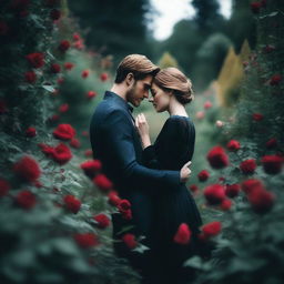 A moody and romantic scene in a flower-filled garden without any people