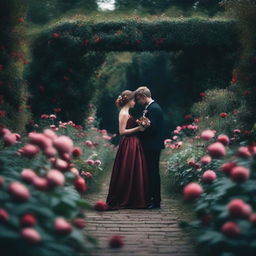 A moody and romantic scene in a flower-filled garden without any people