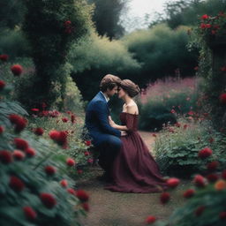 A moody and romantic scene in a flower-filled garden without any people