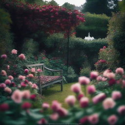 A moody and romantic scene in a flower-filled garden without any people