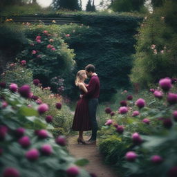 A moody and romantic scene in a flower-filled garden without any people