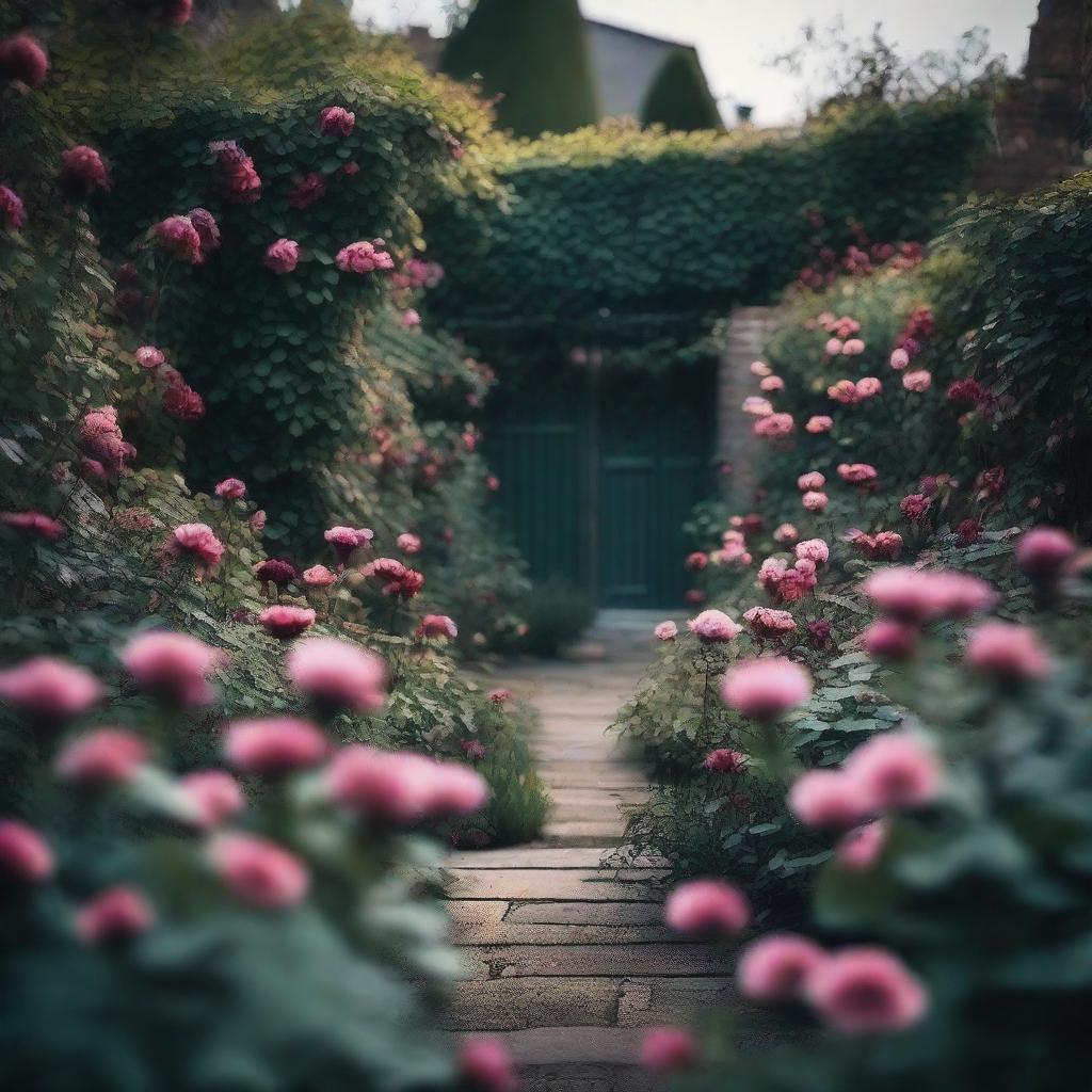 A moody and romantic scene in a flower-filled garden without any people