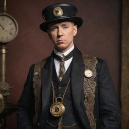 The rapper Eminem reimagined in steampunk attire, donning Victorian-era clothing, a monocle, brass accents and gear-infused accessories, all while maintaining his signature attitude and microphone in hand.