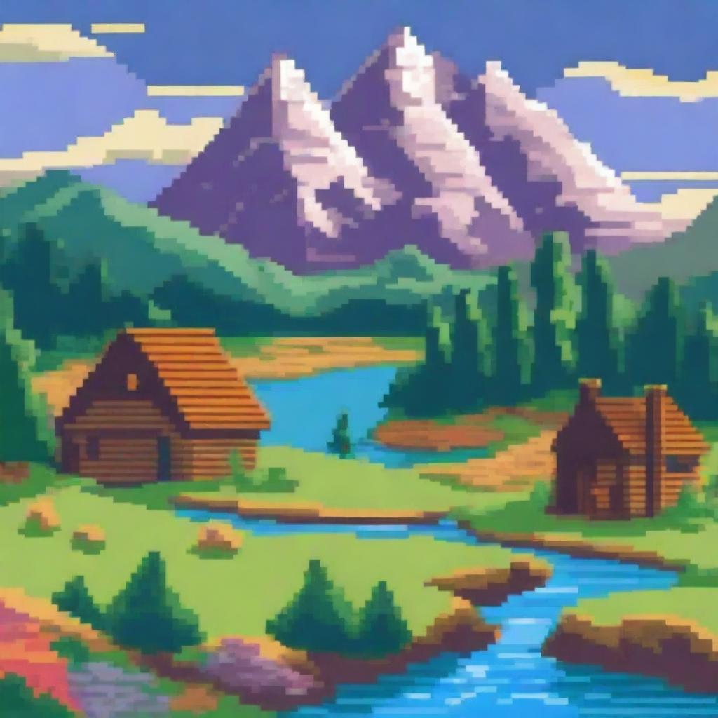 Create a vibrant and detailed pixel art image featuring a colorful landscape with mountains, trees, and a river