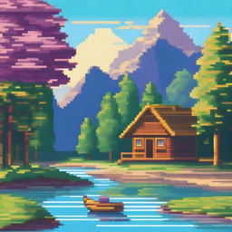 Create a vibrant and detailed pixel art image featuring a colorful landscape with mountains, trees, and a river