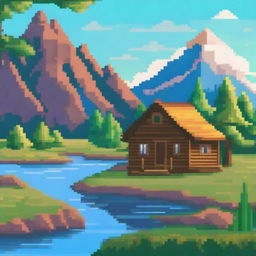 Create a vibrant and detailed pixel art image featuring a colorful landscape with mountains, trees, and a river