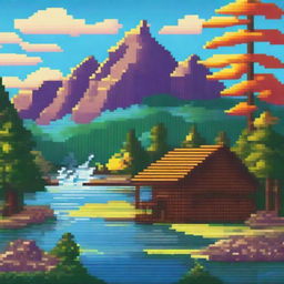 Create a vibrant and detailed pixel art image featuring a colorful landscape with mountains, trees, and a river