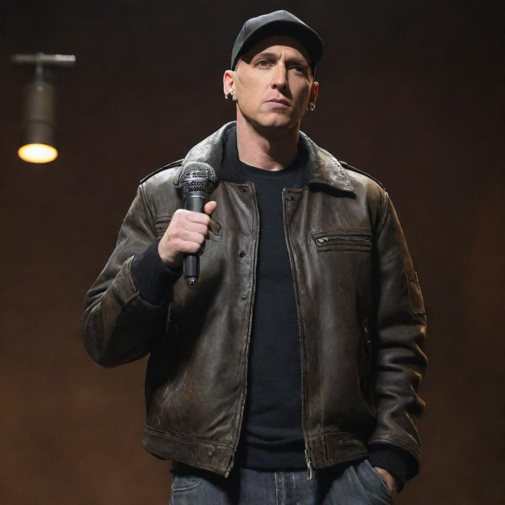 The rapper Eminem portrayed in dieselpunk fashion, featuring industrial elements, gritty gear, and a rugged, vintage leather jacket while holding a retro-futuristic microphone.