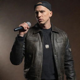 The rapper Eminem portrayed in dieselpunk fashion, featuring industrial elements, gritty gear, and a rugged, vintage leather jacket while holding a retro-futuristic microphone.