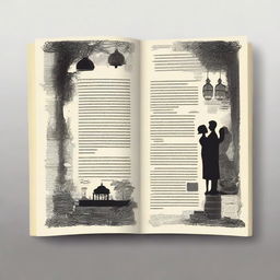 Create a book page design featuring the quote: 'Cinta seperti misteri terselubung pada suatu zaman, mengendap-ngendap di balik penampilan dan menjadikan hati sebagai sarangnya'