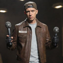 The rapper Eminem portrayed in dieselpunk fashion, featuring industrial elements, gritty gear, and a rugged, vintage leather jacket while holding a retro-futuristic microphone.