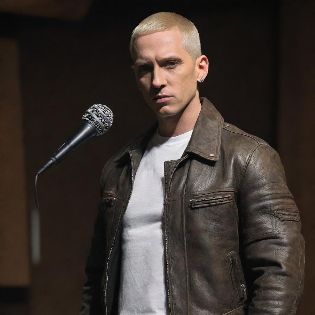 The rapper Eminem portrayed in dieselpunk fashion, featuring industrial elements, gritty gear, and a rugged, vintage leather jacket while holding a retro-futuristic microphone.