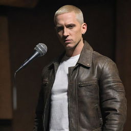 The rapper Eminem portrayed in dieselpunk fashion, featuring industrial elements, gritty gear, and a rugged, vintage leather jacket while holding a retro-futuristic microphone.