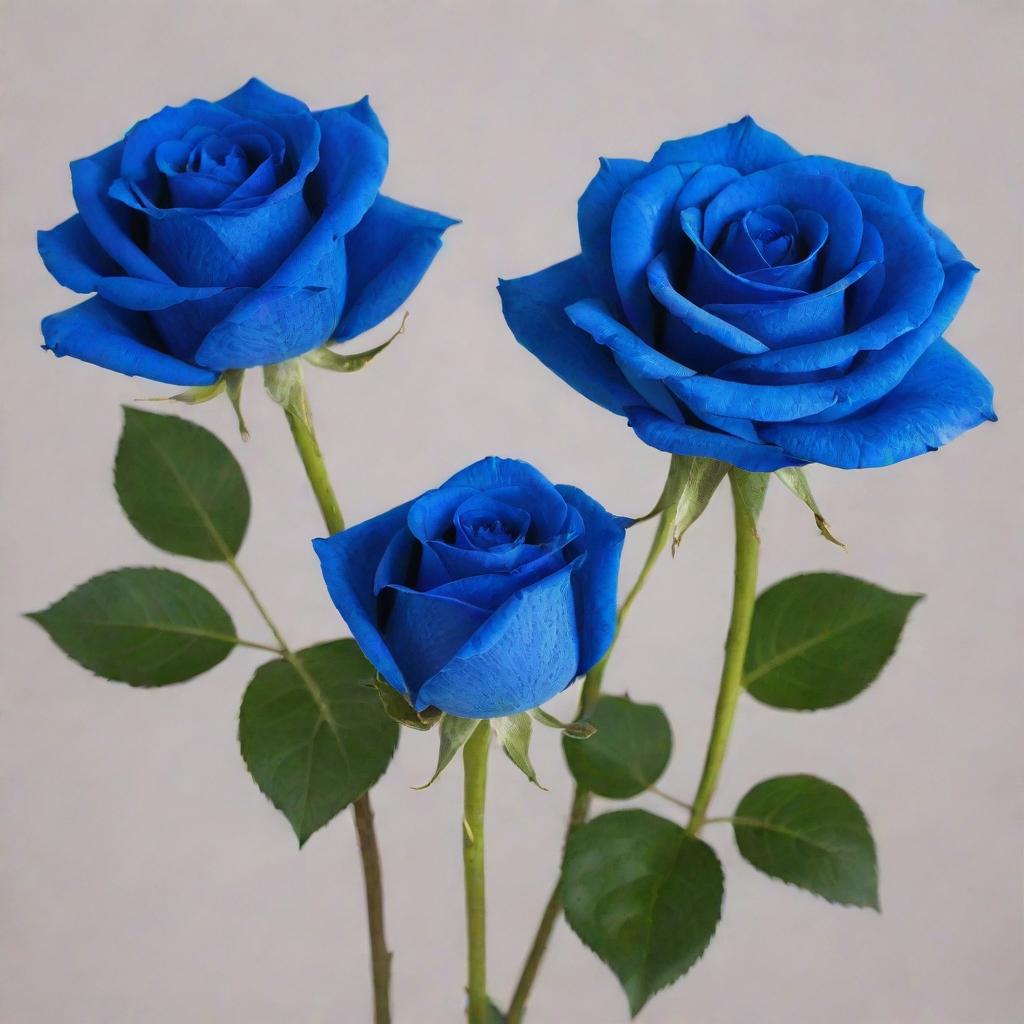 Three visually striking blue roses. Each rose has 16 lush, delicate petals.