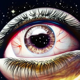 Detailed close-up of an eye reflecting the grandeur and mystique of cosmic realms, revealing galaxies, constellations, and celestial phenomena, creating a captivating sight.