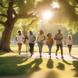 A serene and inspiring scene featuring a diverse group of people enjoying various activities in a beautiful park setting