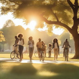 A serene and inspiring scene featuring a diverse group of people enjoying various activities in a beautiful park setting