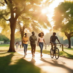 A serene and inspiring scene featuring a diverse group of people enjoying various activities in a beautiful park setting