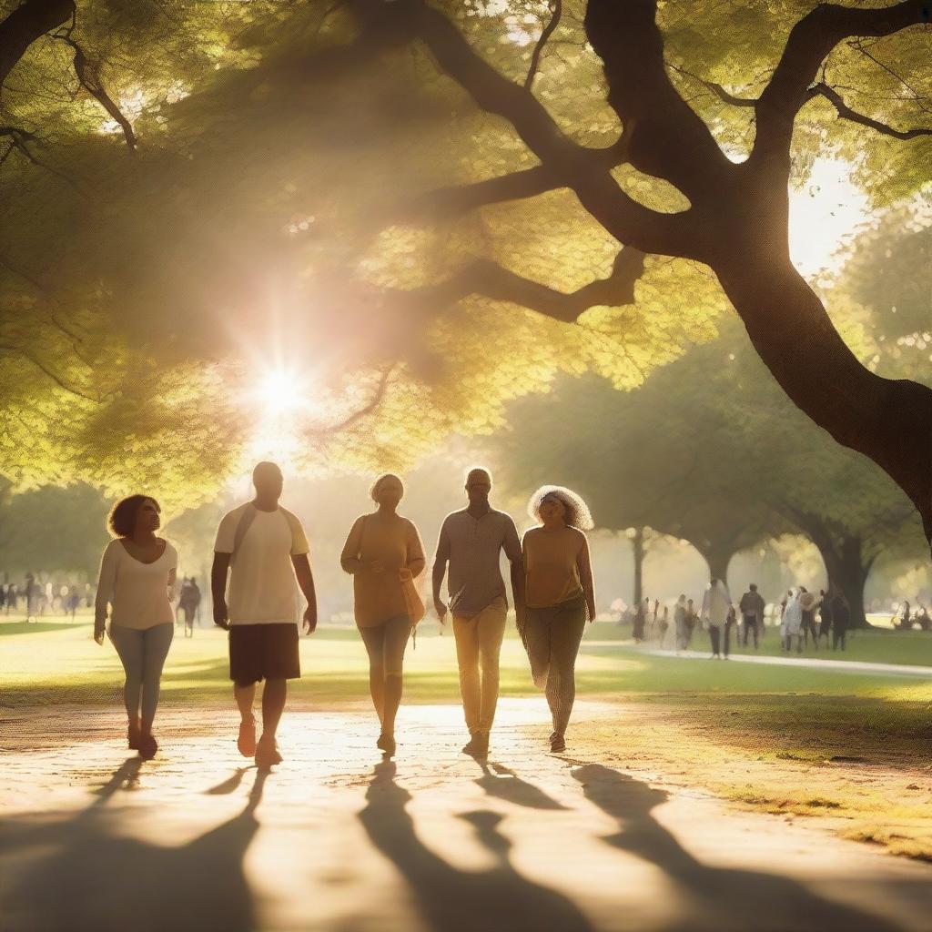 A serene and inspiring scene featuring a diverse group of people enjoying various activities in a beautiful park setting