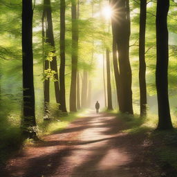 A serene and tranquil scene depicting a person walking through a peaceful forest path, with sunlight filtering through the trees