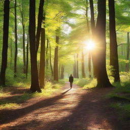 A serene and tranquil scene depicting a person walking through a peaceful forest path, with sunlight filtering through the trees