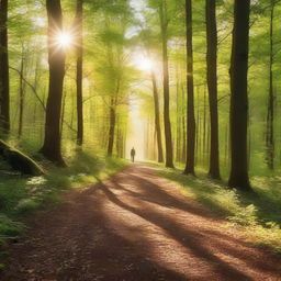 A serene and tranquil scene depicting a person walking through a peaceful forest path, with sunlight filtering through the trees