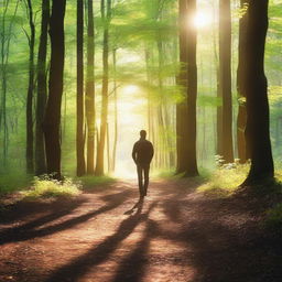 A serene and tranquil scene depicting a person walking through a peaceful forest path, with sunlight filtering through the trees