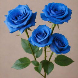 Three visually striking blue roses. Each rose has 16 lush, delicate petals.