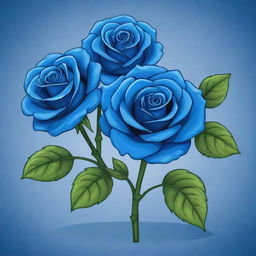 Three vibrant blue roses illustrated in a cartoon style