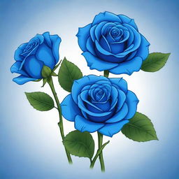 Three vibrant blue roses illustrated in a cartoon style