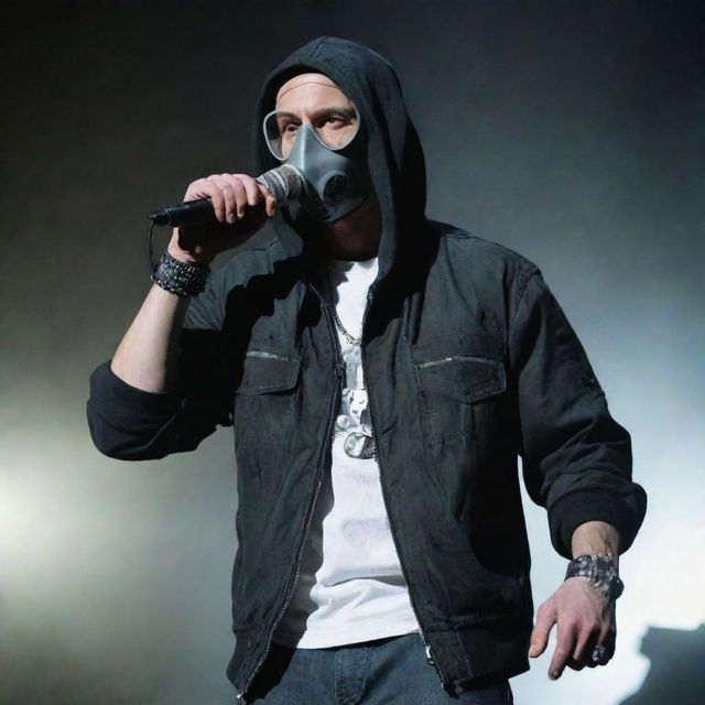 Eminem envisioned in a gaspunk style, clothed in gas masks, gloves and metallic gear, and an overall dystopian vibe, performing with a rusty, atmospheric microphone.