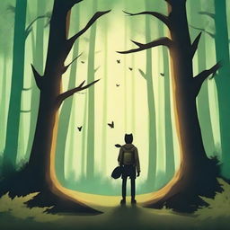 Create a captivating book cover featuring an adventurous scene with a mysterious forest and a brave protagonist