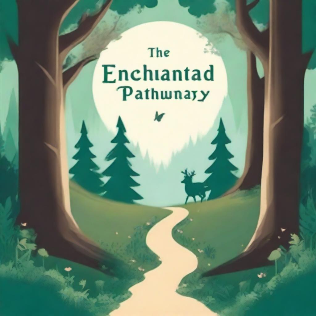 Create a captivating book cover featuring an enchanting forest with a mysterious pathway leading into the dense trees