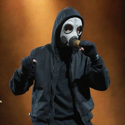 Eminem envisioned in a gaspunk style, clothed in gas masks, gloves and metallic gear, and an overall dystopian vibe, performing with a rusty, atmospheric microphone.