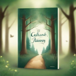 Create a captivating book cover featuring an enchanting forest with a mysterious pathway leading into the dense trees