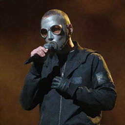 Eminem envisioned in a gaspunk style, clothed in gas masks, gloves and metallic gear, and an overall dystopian vibe, performing with a rusty, atmospheric microphone.