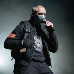 Eminem envisioned in a gaspunk style, clothed in gas masks, gloves and metallic gear, and an overall dystopian vibe, performing with a rusty, atmospheric microphone.