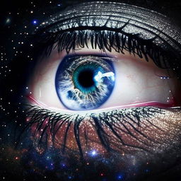 Detailed close-up of an eye reflecting the grandeur and mystique of cosmic realms, revealing galaxies, constellations, and celestial phenomena, creating a captivating sight.