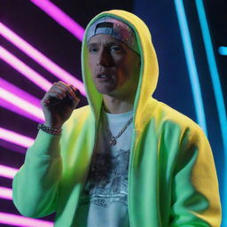 Eminem reimagined in electropunk aesthetics, dressed in neon lights, futuristic apparel, and performing with a digitally enhanced microphone, in a scene pulsating with visual energy.