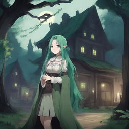 A creepy village surrounded by a dark forest, featuring a beautiful girl with long green hair and big, beautiful eyes, who is the most beautiful in the village