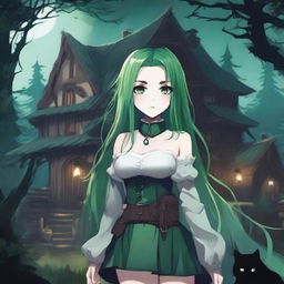 A creepy village surrounded by a dark forest, featuring a beautiful girl with long green hair and big, beautiful eyes, who is the most beautiful in the village