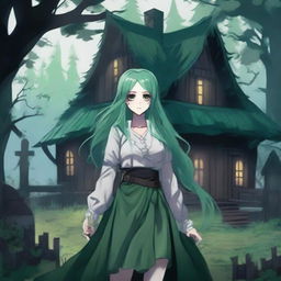 A creepy village surrounded by a dark forest, featuring a beautiful girl with long green hair and big, beautiful eyes, who is the most beautiful in the village